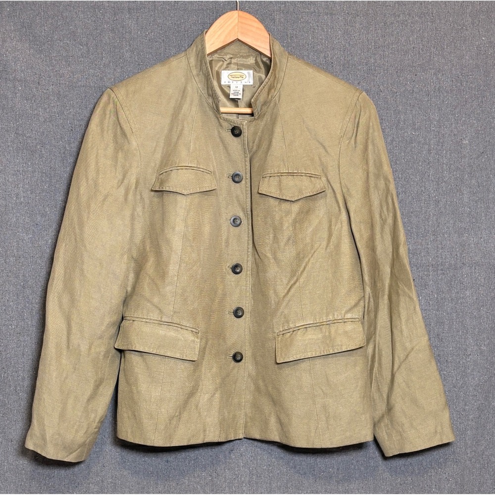 Talbots Petites Silk Linen Blend Military Utility Jacket Green Olive Khaki 12P